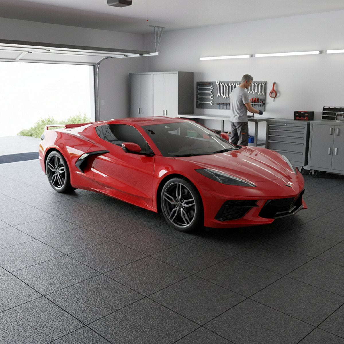 Concrete Floor Covering Tiles - Direct Overlay System installed in home garage setting