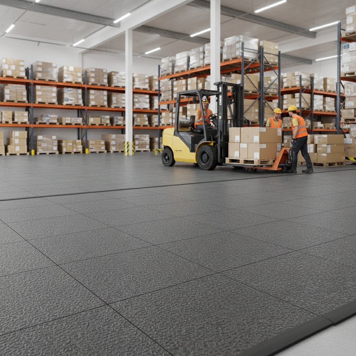 Concrete Floor Covering Tiles - Direct Overlay System installed in warehouse setting
