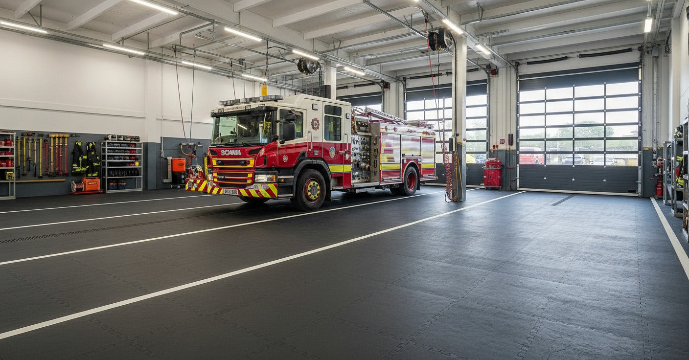 Fire station floor tiles 10mm heavy duty appliance bay flooring UK