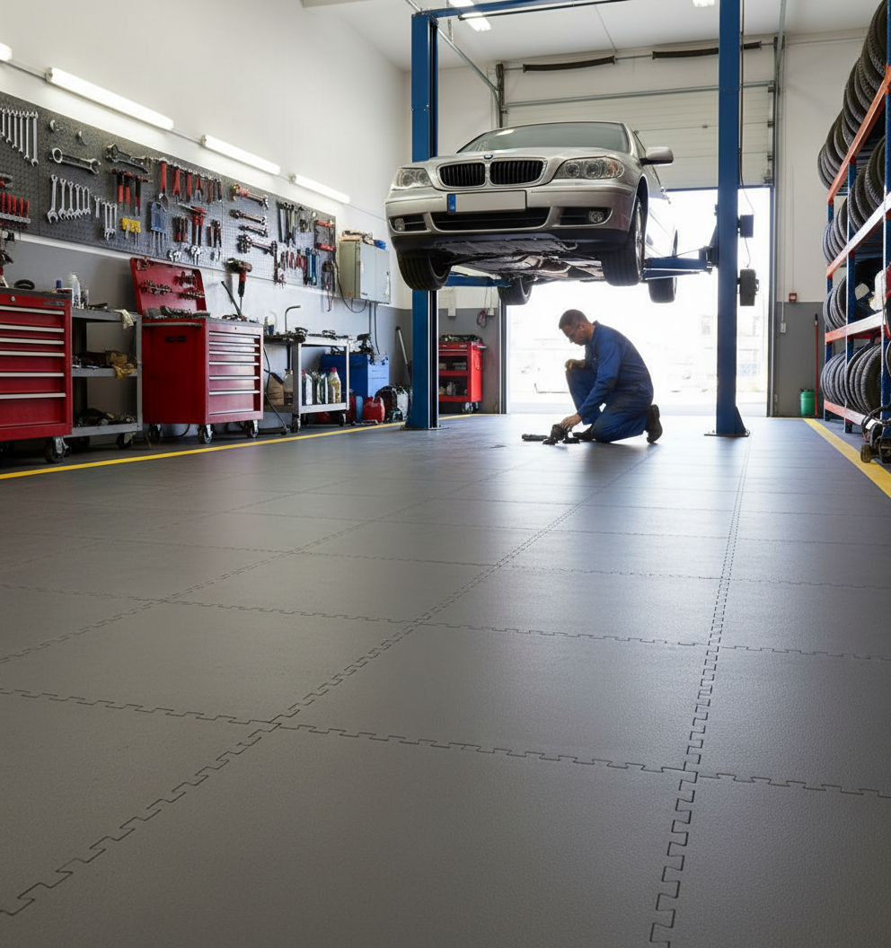 Heavy Duty Garage Floor Tiles 10mm PVC | Interlocking Oil Resistant Workshop Flooring | 5T Load Rated 500mm UK