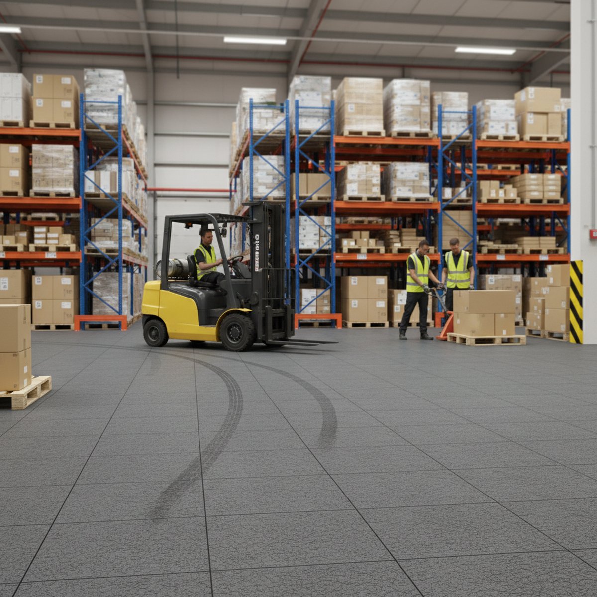 Heavy-Duty Concrete Overlay Tiles - 20 Tonne Rated installed in warehouse setting