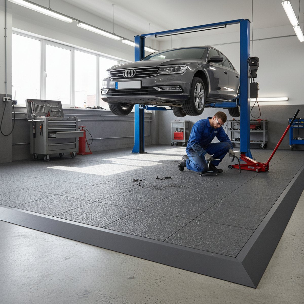 Heavy-Duty Concrete Overlay Tiles - 20 Tonne Rated installed in workshop setting