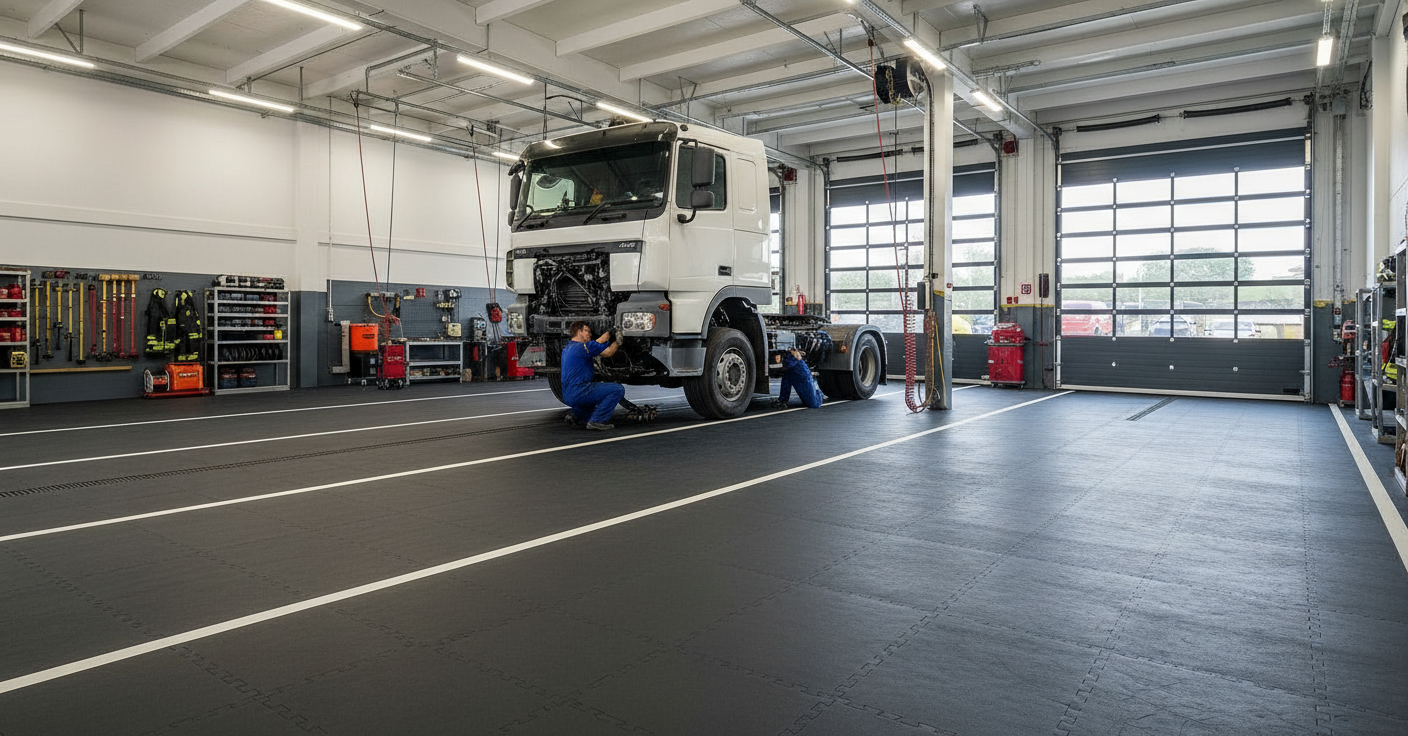 HGV garage floor tiles 10mm commercial vehicle workshop truck bay flooring