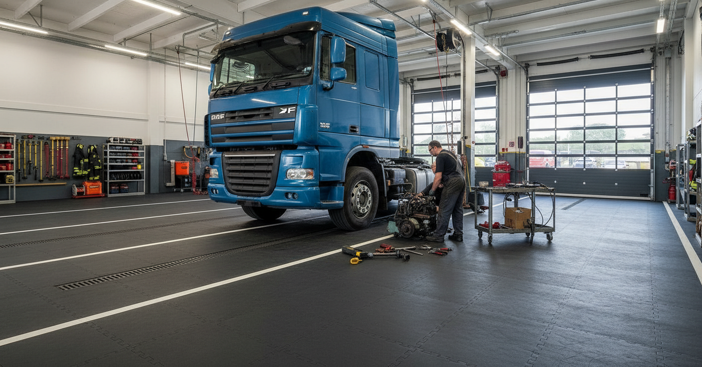 HGV garage floor tiles 10mm commercial vehicle workshop truck bay flooring