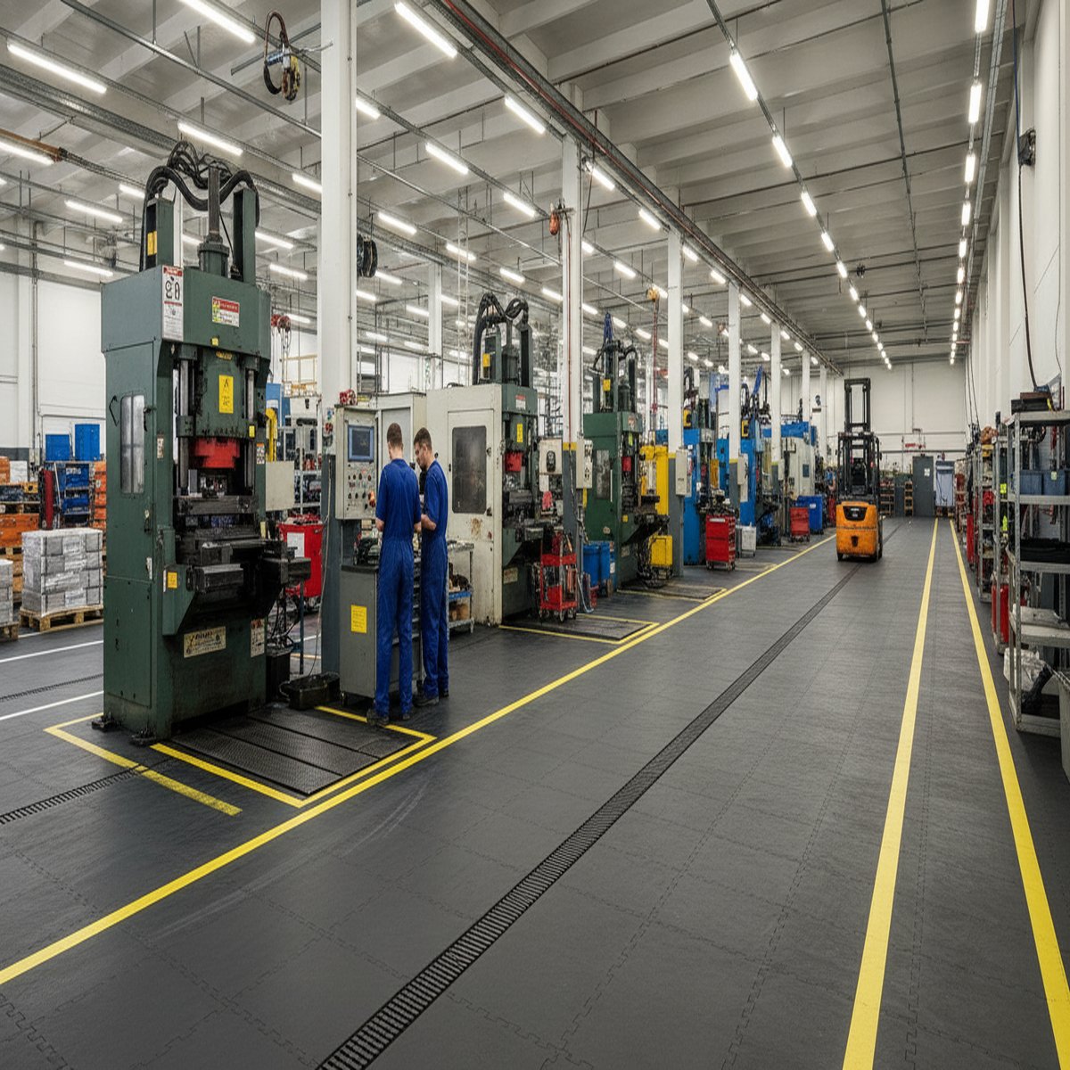 HGV Garage Floor Tiles 10mm Ultra Heavy | Commercial Vehicle Workshop Flooring | Oil & Diesel Resistant 5T Rated UK installed in warehouse setting