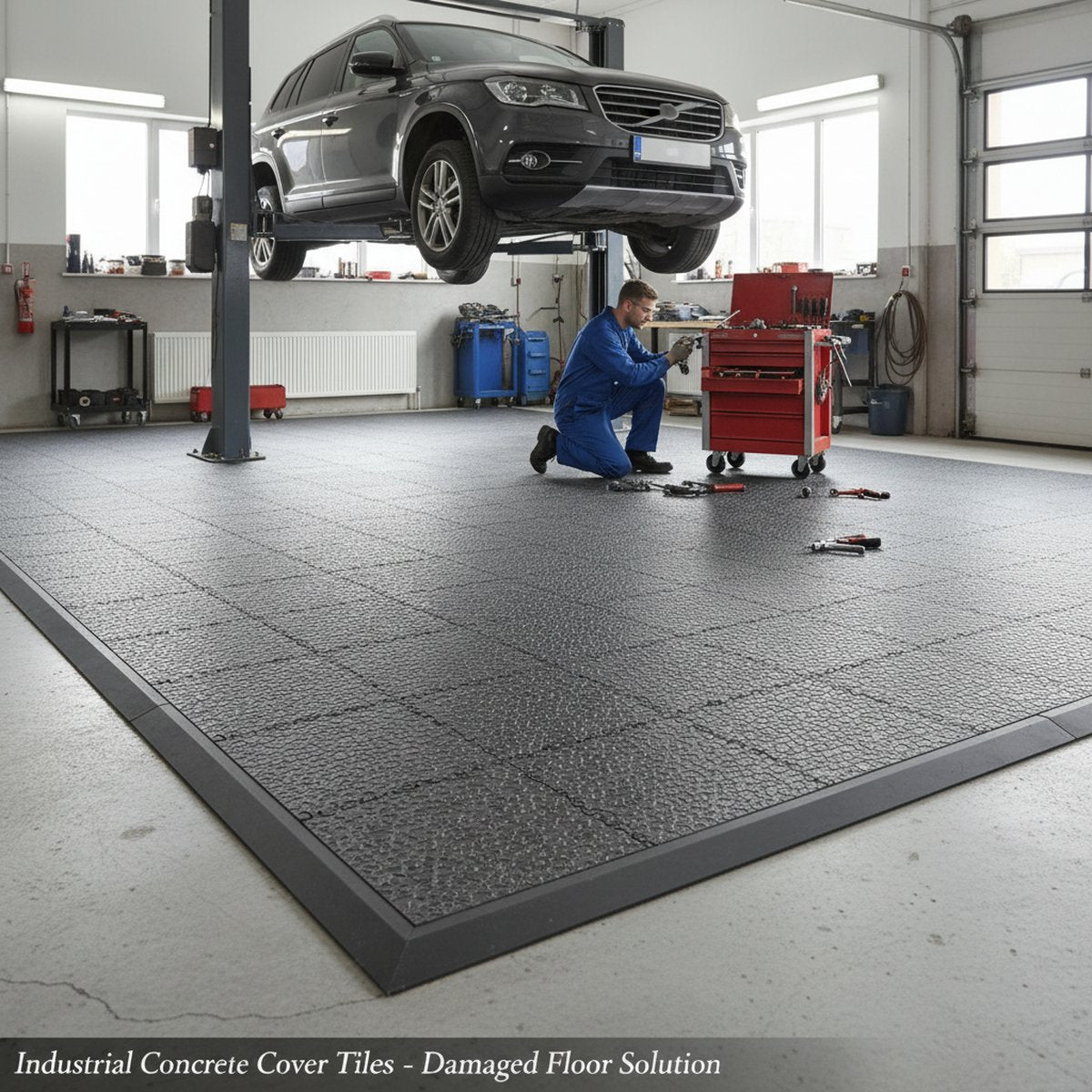 Industrial Concrete Cover Tiles - Damaged Floor Solution installed in home garage setting
