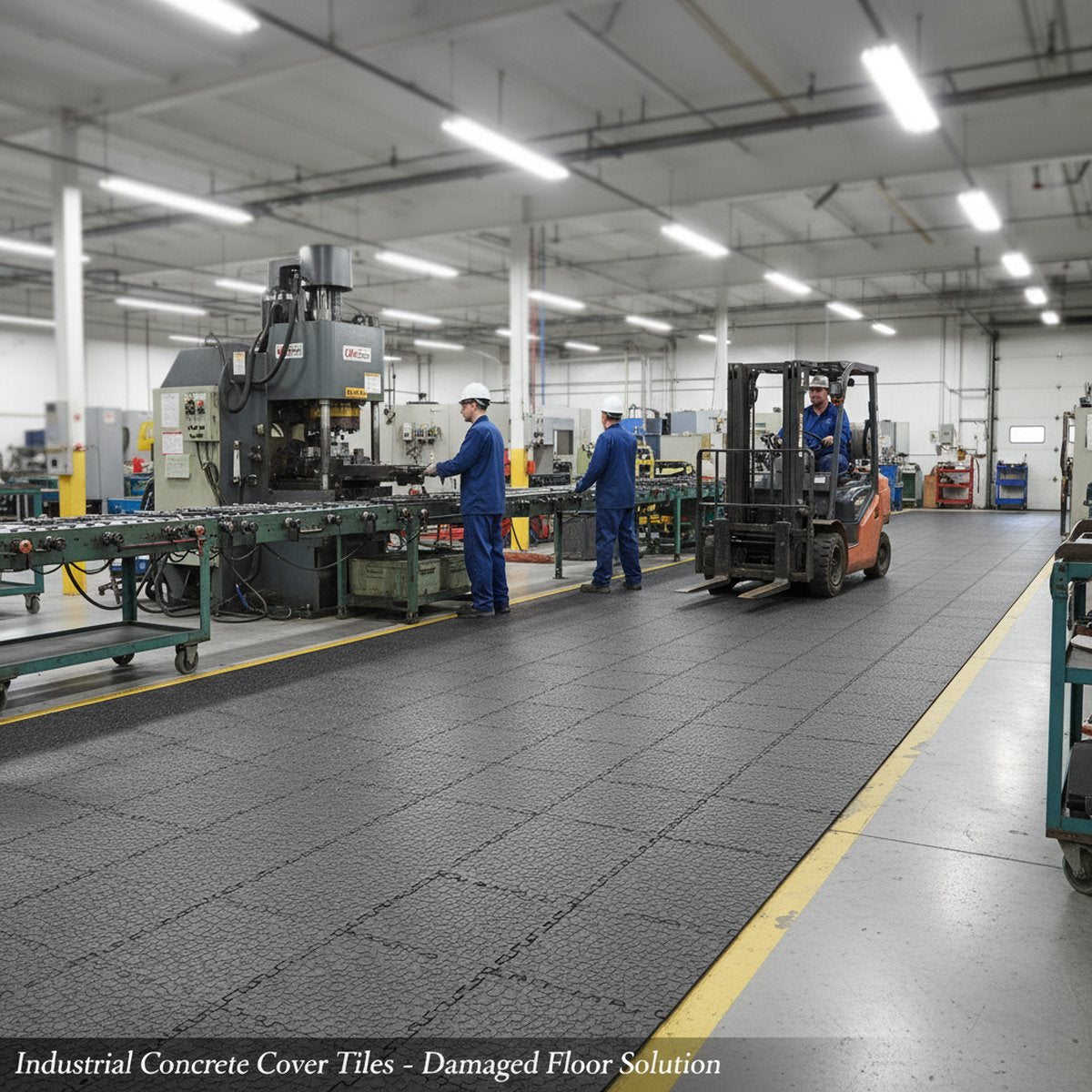 Industrial Concrete Cover Tiles - Damaged Floor Solution installed in workshop setting