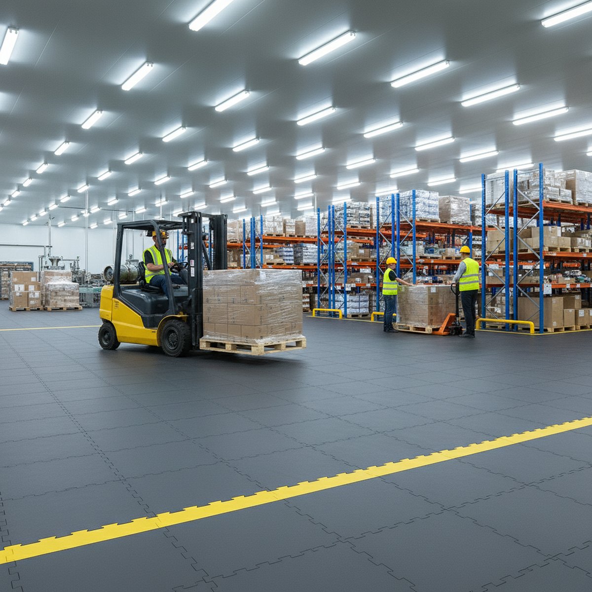 Industrial Interlocking Floor Tiles 10mm | Heavy Duty PVC Warehouse & Factory Flooring | 5 Tonne Forklift Safe UK installed in workshop setting
