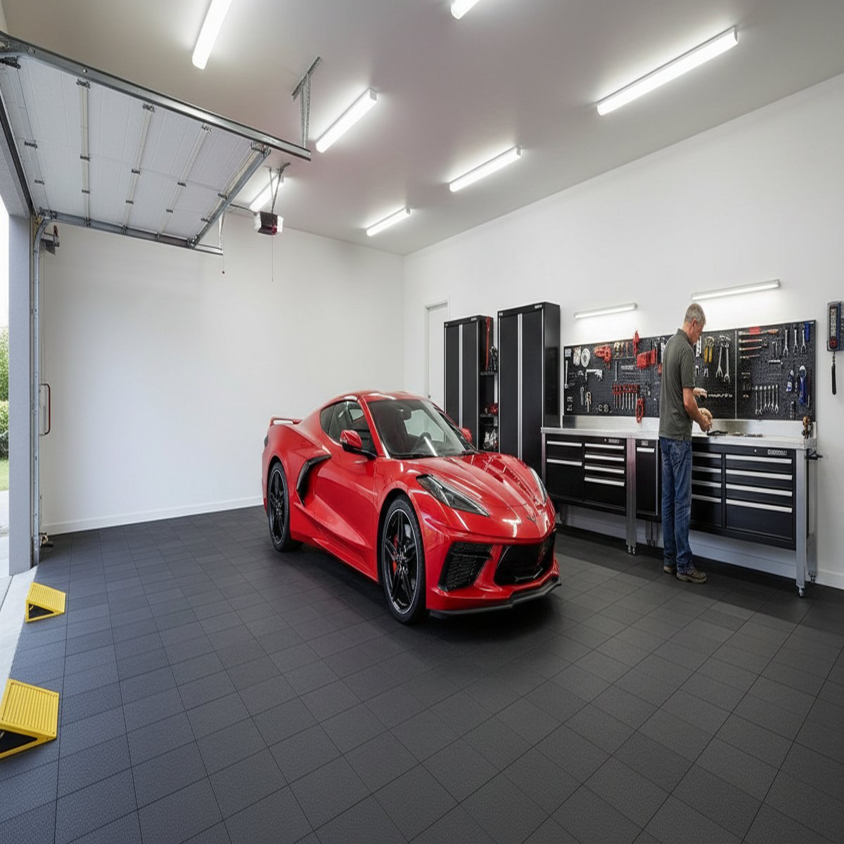 Loading Bay Floor Tiles - Impact & Chemical Resistant installed in home garage setting