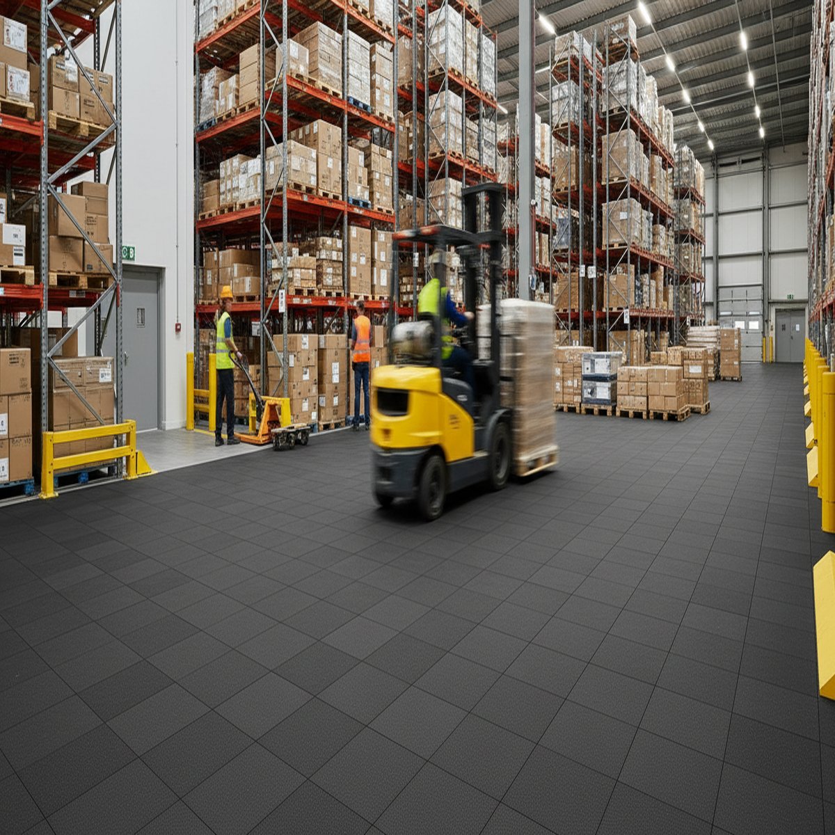 Logistics Warehouse Floor Tiles - Forklift & Pallet Jack Rated installed in workshop setting
