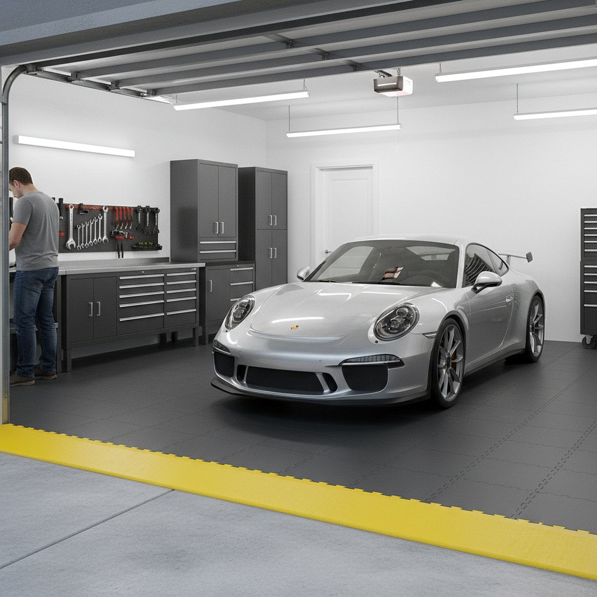 Mechanics Garage Floor Tiles - Oil-Proof Surface installed in warehouse setting