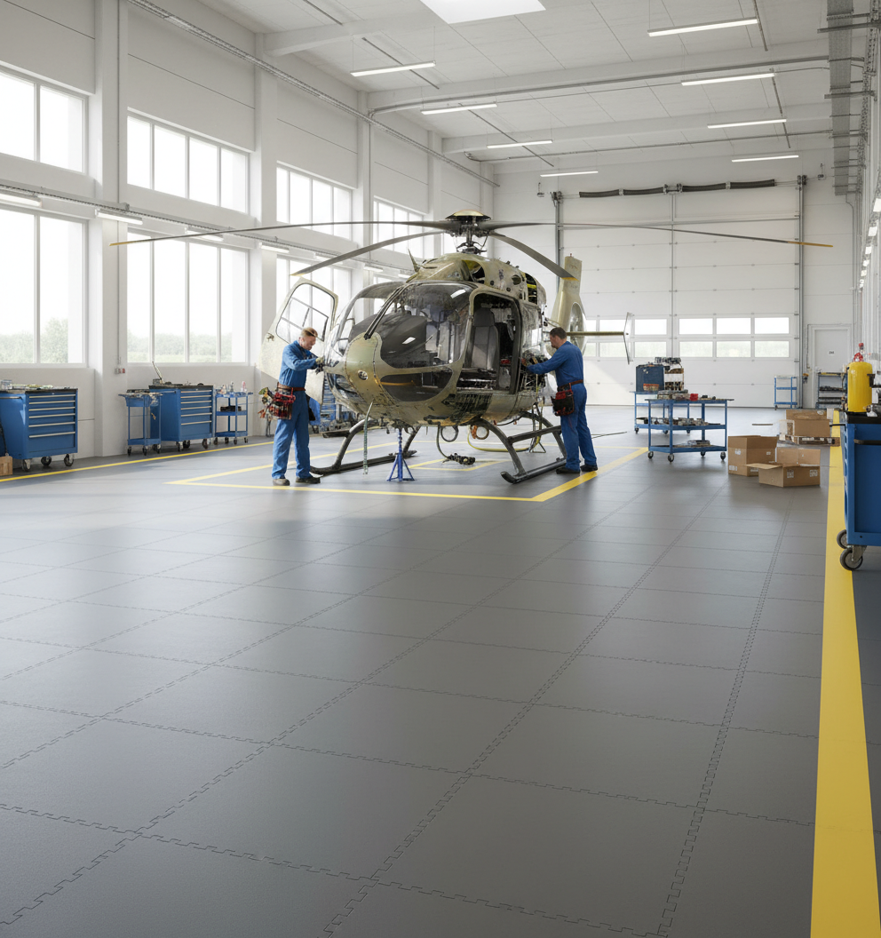 Aircraft Hangar Flooring Tiles 10mm PVC | Aviation Workshop Floor Protection | Jet Fuel Resistant 5T Load UK