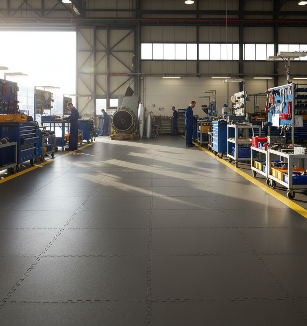 Aircraft Hangar Flooring Tiles 10mm PVC | Aviation Workshop Floor Protection | Jet Fuel Resistant 5T Load UK